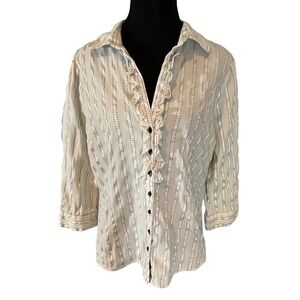 John Paul Richard Striped Ruffled Button Front Shirt Top Women L 3/4 Sleeve